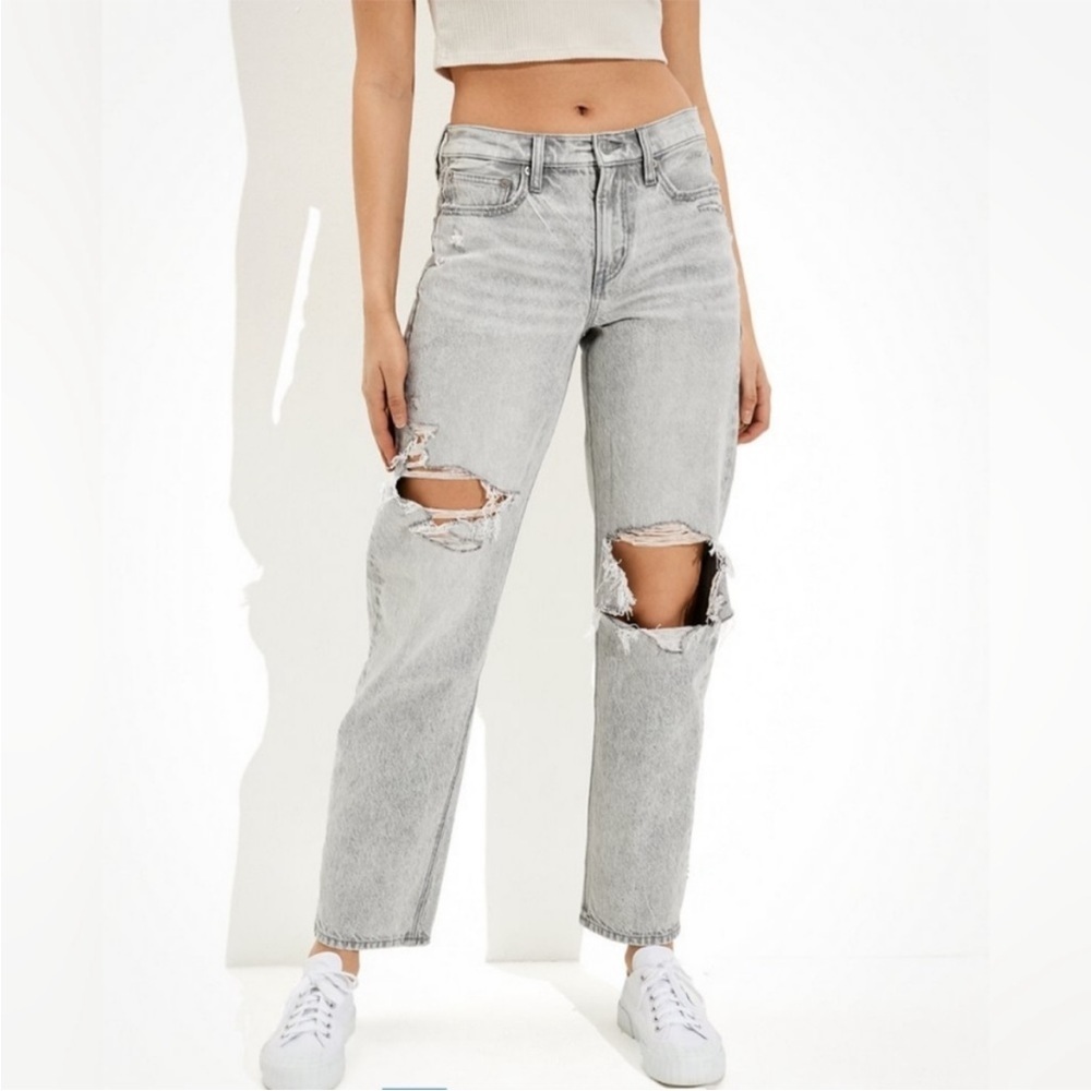 American Eagle 90s Straight Gray Wash Destroyed Ripped Distressed Jeans Sz 10